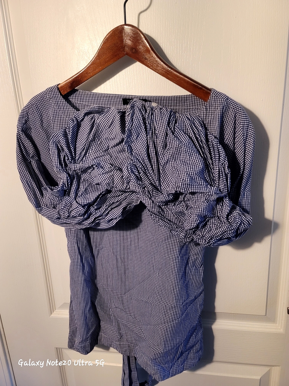 Max Jeans Blue and White Gingham Puff-Sleeve Blouse